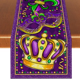 Linen Mardi Gras Table Runner Purple Mask Beads Iris Fleur De Lis Tablecloth Fat Tuesday Brazil Carnival Masquerade Party Birthday Decorations and Supplies for Home Kitchen Table-13×72''