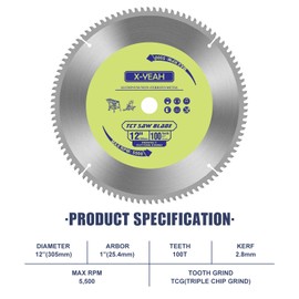 X-YEAH 12 Inch 100T Aluminum Non-Ferrous Metal Cutting Circular Saw Blade with 1 Inch Arbor, TCG, Miter/Table Saw Blade