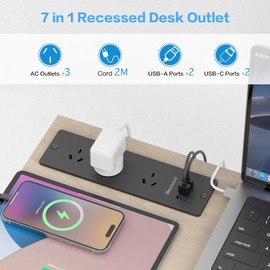 Recessed Power Board with 3 Outlets 4 USB Ports (2×USB-C, 2×USB-A), 10A/2400W, 2M Extension Cord, Space-Saving Drawer Outlet Flush Mount Power Strip for Desk, Home Office (Black)