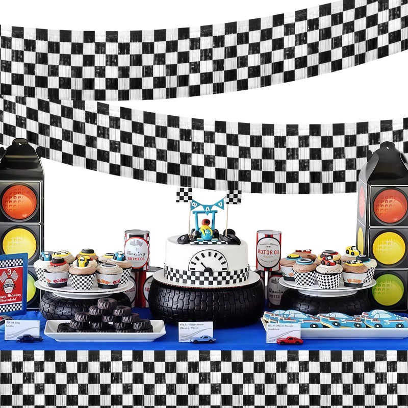 4 Pack Race Car Foil Fringe Garland Black White Checkered