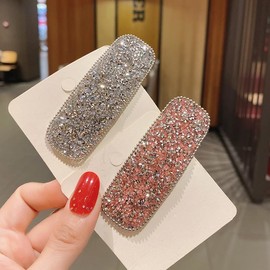 2PCS Rhinestone Snap Hair Clips Large Crystal French Barrettes Alligator Duckbill Clip Ponytail Holder Side Clips Women Girls Party Prom Daily Makeup Bang Clip(Silver+Pink)