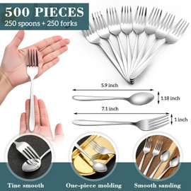Nuenen 500 Pcs Forks and Spoons Silverware Set for 250 Stainless Steel Flatware Cutlery Set Forks and Spoons Bulk Silverware Utensil for Kitchen Restaurant Home Dinner, Mirror Polished Dishwasher Safe