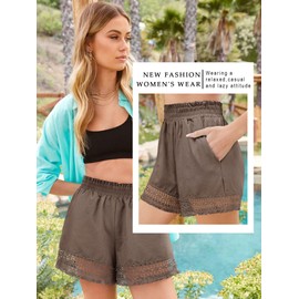 Shorts for Women Casual Elastic Waist Yoga Lounge Shorts Comfy Stretch Lace Trim Summer Beach Linen Ruffle Shorts Brown