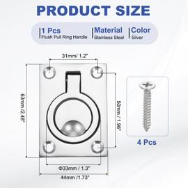 PATIKIL 2-1/2"-1-3/4" Flush Pull Ring Handles, 316 Stainless Steel Square Recessed Door Pull Hidden Boat Hatch Latch with Screws for Marine Yacht Furniture, Silver