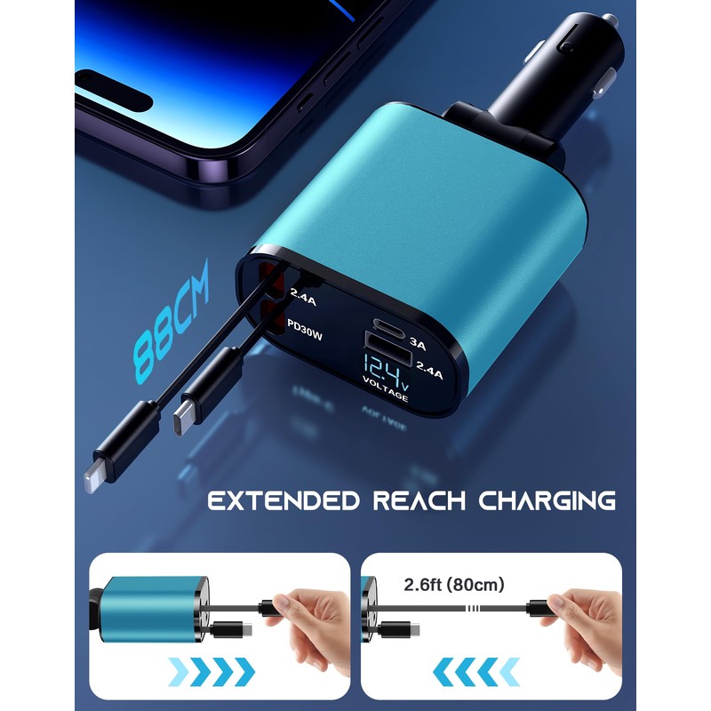 Mencapai Retractable Car Charger(Lake Blue)