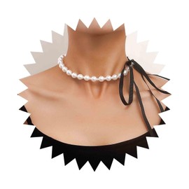 Iaceble Vintage Pearl Choker Necklace Pearl Ribbon Tie Necklace Black Ribbon Wrap Necklace Pearl Beaded Chain Necklace Wedding Bridal Necklace Jewelry for Women