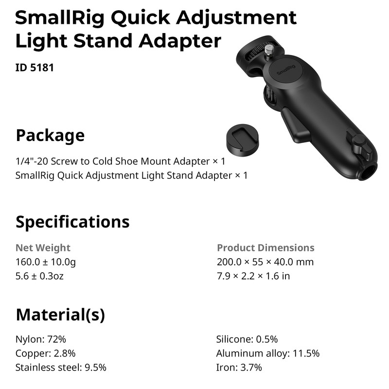 SmallRig Quick Adjustment Light Stand Adapter, One-Button 180° Pitch Adjustment,