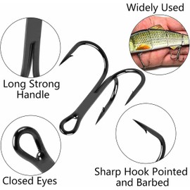 120Pcs Classic Treble Hooks Strong Sharp Round Bend Fishing Hooks High Carbon Steel Triple Barbed Fish Hooks for Fishing Lures Baits Size 1 2 4 6 8 10 12 14