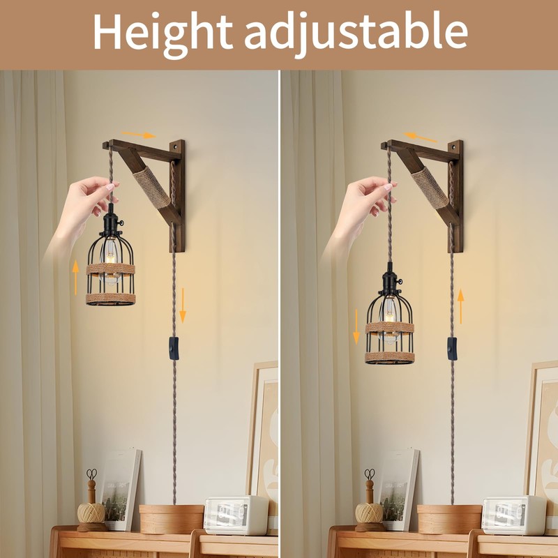 SEEBLEN Rustic Plug in Pendant Lights Set of 2,Farmhouse Wooden