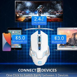 Mouse Inalámbrico Bluetooth Ratón Gaming Recargable, Ratón Ergonómico de 7 Botones, Mouse Gamer Silencioso con Raton de 3 Modo(BT5.0/3.0+USB), RGB Mouse Inalambrico para PC, Portátil, Macbook -Blanco