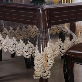 Clear Plastic Tablecloth Waterproof Rectangle Vinyl Tablecloth with Embroidered Lace Table Cover for Food Kitchen Buffet Banquet Parties (47 x 70 inches, Champagne2)