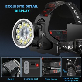 seeup Headlamp Spotlight Flashlight, Bright LED Rechargeable Headlight, Waterproof Head Lamp with Taillight for Outdoor Camping Running Hiking Fishing Cycling (Black, Spotlight & Floodlight)