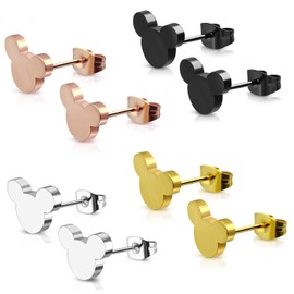 Stainless Steel Tiny Mouse Silhouette Button Stud Post Earrings (Black, Gold, Rose, Silver) 4-Color Set