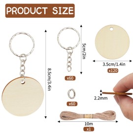 DLUSZERT Pack of 120 3.5 cm Round Wooden Discs with Hole, Natural Wooden Circles with 60 Key Chains, Wooden Pendants Round for Crafts, Wooden Plates Round for DIY Crafts Confetti Decoration Wedding