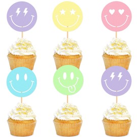 Blumomon Pack of 30 Smile Face Cupcake Toppers Picks Preppy Y2k Theme Single Party Cupcake Decorations Birthday Party Decorations Accessories (Colour)