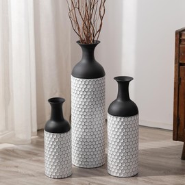 Sziqiqi Floor Vases Decorative Tall: 27in Black and White Large Metal Floor Vase Set of 3 Modern Honeycomb Texture Big Standing Vase for Living Room Dining Bedroom Home Corner Hallway Indoor Office