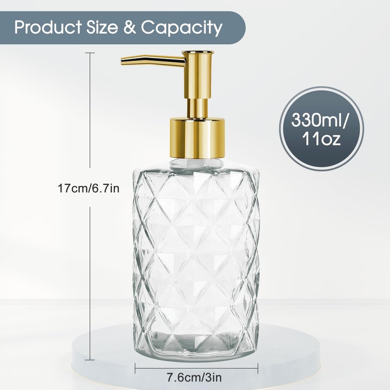 Topsky Glass Soap Dispenser with Plastic Pump,330ml Liquid Hand Soap