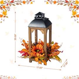 Glitzhome 20" H Fall Wood Lantern Decor - Lantern Table Decor Filled with Sunflower, Pinecone and Berry, Autumn Decor for Porch, Garden,Yard, Table Centerpiece Decoration