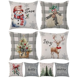 Mimkus Christmas Snowman Throw Pillow Covers 18 x 18 Inch Set of 4 Xmas Tree Reindeer Gloves Eucalyptus Pillow Cover Winter Holiday Stripes Gray Cushion Case for Sofa Couch