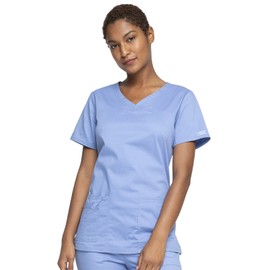 Cherokee Scrub Set for Women with Our Modern Classic fit V-Neck Top 4727 and Mid Rise Pull-On Cargo Pant 4005, Ciel- M Top/M Petite Pant