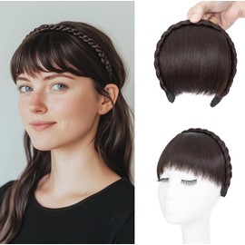 S-noilite Headband with Fringe, Front Hair Bangs Wigs Headband, Synthetic Braided Headband Wig Hair Extensions, Hairpiece, Medium Brown