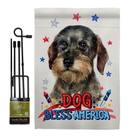 Patriotic Wire Haired Dachshund Garden Flag Set with Stand Animals Dog Puppy Spoiled Paw Canine Fur Pet Nature Farm Animal Creature Small Gift Yard House Banner Double-Sided Made In USA 13 X 18.5