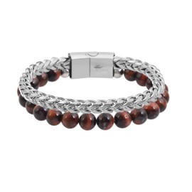 Magna Steel Men's Tiger Eye Stone Beads and Stainless Steel Franco Chain Bracelet (Red Tiger Eye, Franco)