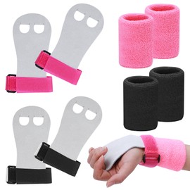 2 Pairs of Grip Pads Children, Abeillo Cross Training, Gymnastics, Pull Up Grips for Children, Hand Grips Leather Training Gloves and Wrist Bandages, Fitness Set for Girls Boys (Black, Pink, M)