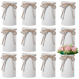12 jarrones blancos de alta granja, jarrones de metal galvanizado, decoración clásico de 4.3 pulgadas con lazo de cordel, cubeta de flores francés, jarrones rústicos para decoración del hogar, mesa de