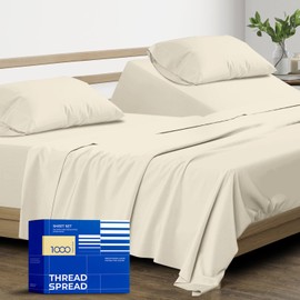 THREAD SPREAD 100% Pure Egyptian Cotton Split King Sheets Sets for Adjustable Bed - 1000 Thread Count 5 PC Top Split King Sheet for Sleep Number Bed, Soft Cooling Sheet, Fits Mattress upto 18" - Ivory