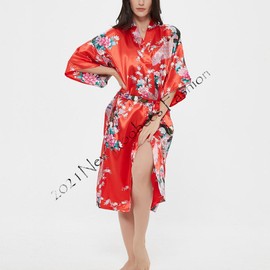 Women's Satin Rose Print Kimono Robe Premium Peacock Bridesmaid Bridal Dressing Gown Sleepwear Nightwear