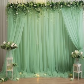 20x10 Green Tulle Backdrop Curtains for Parties, Sheer Backdrop Curtain Wedding Photo Backdrop Drapes for Baby Shower Photography Birthday Party