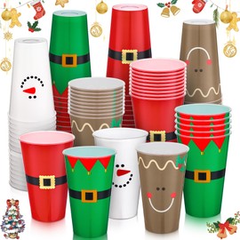 Bokon 100 Pcs 16 oz Christmas Cups Plastic Santa Disposable Cups Santa Belt Snowman Elk Designs Xmas Reusable Tumblers for Beer Coffee Tea Xmas Party Supplies