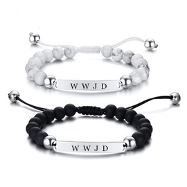 ZKXXJ WWJD HWLF Bracelet Set,Stainless Steel Adjusted Black White Beaded Onyx What Would Jesus Do He Would Love First Bracelets Inspirational Religious Reminder Jewelry