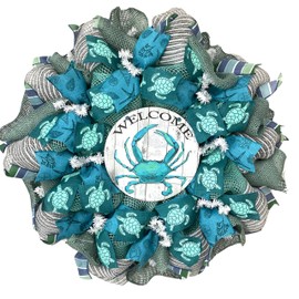 Turquoise Welcome Crab Handmade Deco Mesh Beach Wreath Available in 24 inch and 28 inch diameters
