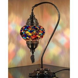 DEMMEX Turkish Table Lamp Moroccan Bedside Light Handmade Tiffany Mosaic Glass Boho Artisan Accent Lighting for Bedroom Living Room, Antique Brass Finish – 15" H, Multicolor