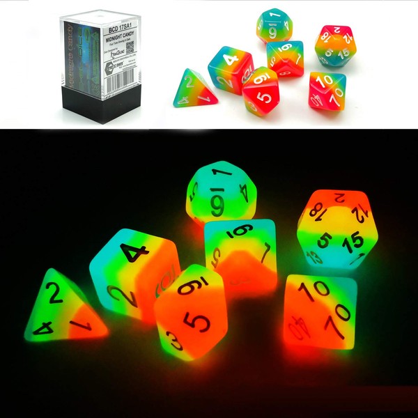 bescon Fantasy Rainbow Glowing Polyhedral Dice? 7pcs Set Midnight Candy, Luminous RPG Dice? Set Glow in Dark, Novelty DND Game Dice? D4 D6 D8 D10 D12 D20 D% in Brick Box