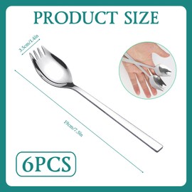 Pack of 6 Stainless Steel Spork Spork, Long Salad Spoon, 2-in-1 Dinner Fork, Soup Spoon, Salad Fork, Pasta Spoon, 190 mm Long, 35 mm Wide, Dishwasher Safe for Cakes, Pizza, Pastries and Buffets