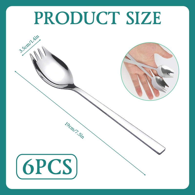 Pack of 6 Stainless Steel Spork Spork, Long Salad Spoon,