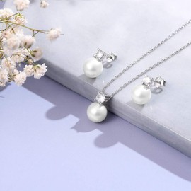 Huacan Jewellery Set Women's 925 Sterling Silver Earrings with Pearl Pendant Necklace Freshwater Cultured Pearl Pendant Jewellery Set CZ Gifts for Bride Bridesmaid Wedding, Sterling Silver