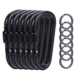 6 Pieces Upgraded Black Locking Carabiners, 3.1 Inch D-Ring Keychain Clips for Outdoor, Camping, Hiking, Fishing, Travel, 6 Karabiner Clips with 6 Key Rings