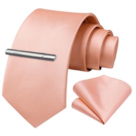 HISDERN Mens Pink Ties for Men Dusty Rose Gold Ties and Pocket Square Classic Wedding Satin Silk Necktie Formal Business Blush Pink Solid Tie Handkerchief Clip Set