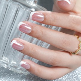 Kurze Press-on-Nägel – Weiße French-Tip-Press-on-Nägel, quadratisch, chromglasierte Klebenägel als Geschenk für Frauen, Klebenägel in 16 Größen