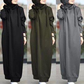 Women's Modest Autumn Solid Color Hooded Drawstring Loose Casual Long Sleeve Sweatshirt with Pockets Duruma Black/L 2ea