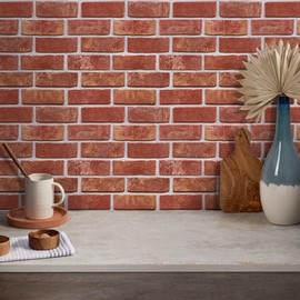 COMSTICKC 3D Red Brick Peel and Stick Wall Panels,10 Pcs of 12"X12",Small Size, Thin PVC 3D Fake Brick Self Adhesive Wall Covering Faux Brick Backsplash Interior Decor