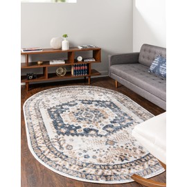Unique Loom Oxford Collection Area Rug - Sheldonian (5' 1" x 8' Oval, Cream/ Navy Blue)