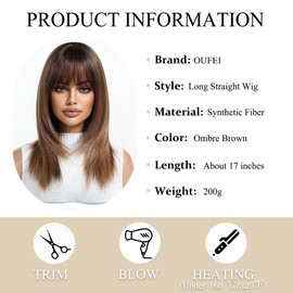 OUFEI Ombre Brown Wigs for Women Medium Length Long Straight Wig with Bangs Synthetic Hair Heat Resistant Wigs for Everyday Party Cosplay Wear