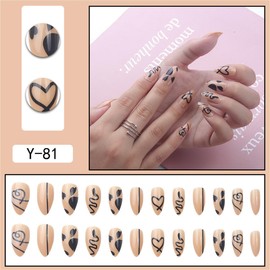 24Pcs Valentines Nails Press on Nails Medium Almond Shape Nails Black Heart Fake Nails with Nail Glue Nude Glossy Acrylic Nails Valentines Day Black Heart Design False Nails for Women DIY Manicure
