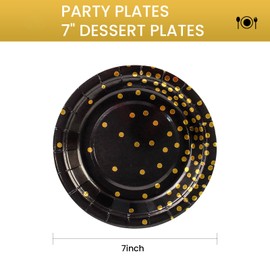BOKFJBP Pack of 50 Paper Plates, Black Gold Foil Party Plates, 18 cm Polka Dot Paper Plates for Graduation, Anniversary, Housewarming, Birthday Party