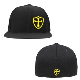 Crusader Cross Military Logo Front and Back Embroidered Flexfit Hat Black Grey Navy Red Olive Royal Blue Curved or Flat Brim (US, Alpha, Small, Medium, Black Flat w/Yellow Logo)